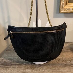 Clare V Grande Fanny Crossbody Shoulder Bag Black Perforated Italian Leather